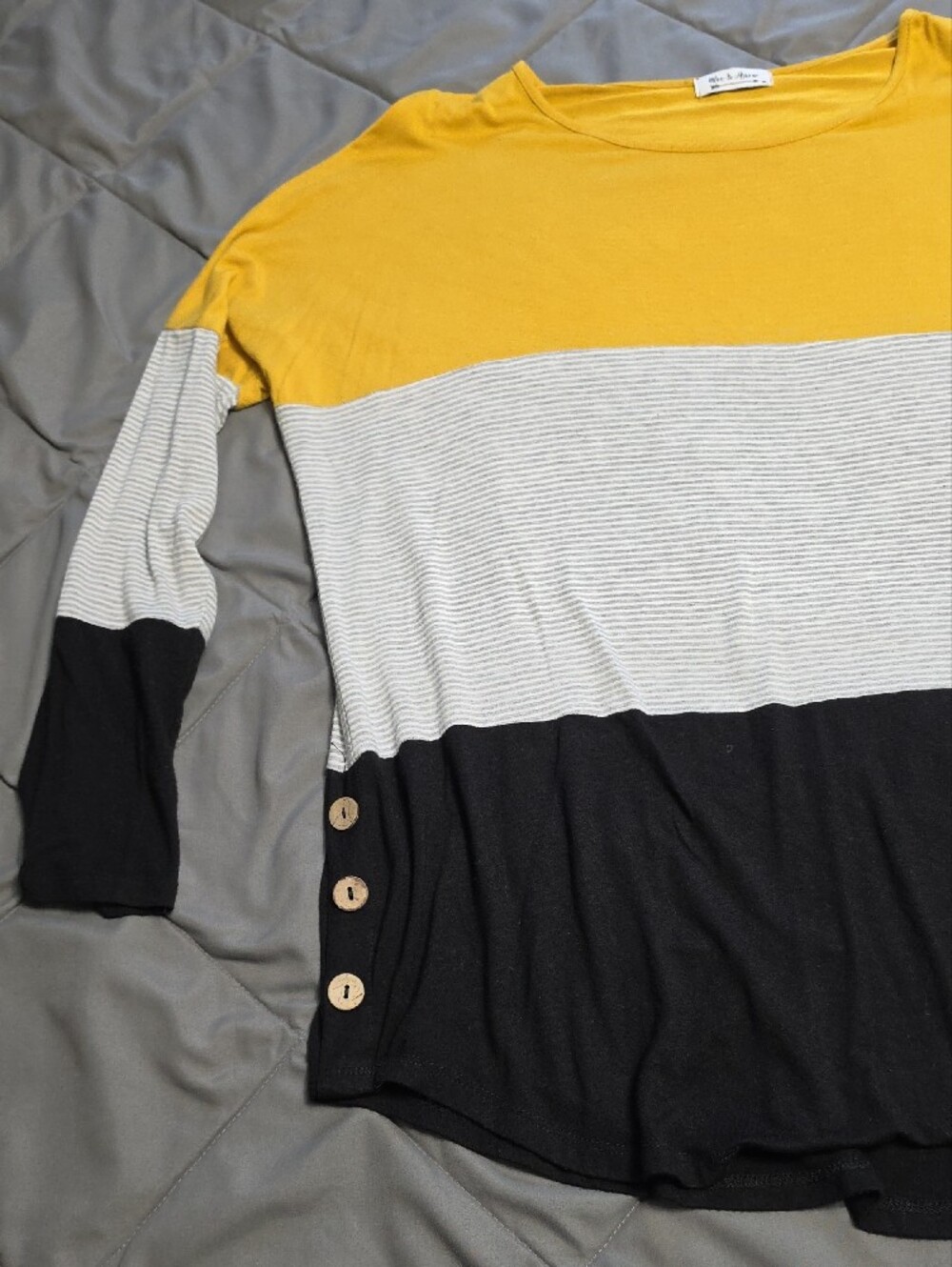 Colorblock Button-Accent Long Sleeve Top - Yellow, White & Black - Picture 2 of 6